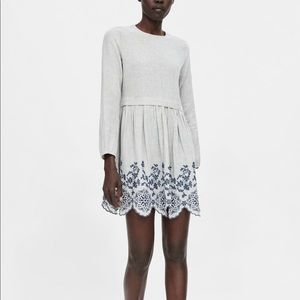 ZARA EMBROIDERED FLORAL DRESS LONG SLEEVES XS BLUE GRAY